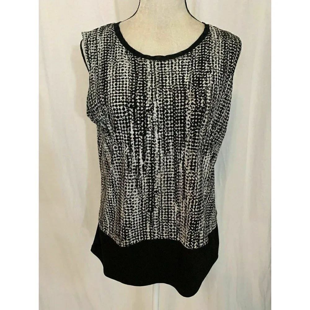 T Tahari Womens Black White Crew Neck Tank Top Blouse Medium